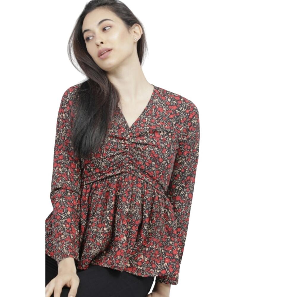 Zara Women's Floral Print A-Line‎ Ruched Front Ruffle Hem Blouse Size XS